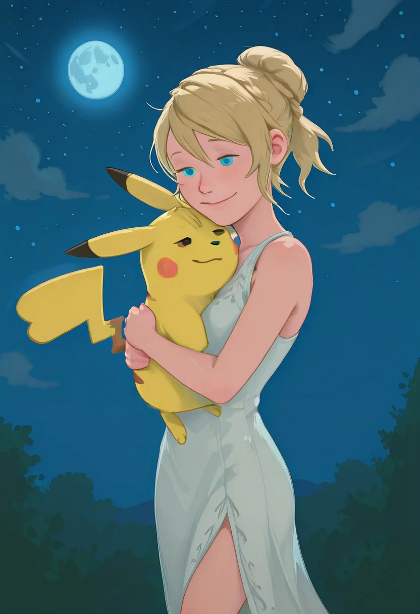 embedding:IllusP0s, g00se, from front, Lunafreya Nox Fleuret, blonde hair, hair up, braid, asymmetrical bangs, sleeveless dress, white dress, blue eyes, hugging pikachu, hug, Pikachu, 1girl, solo, loving, smile,
BREAK,
night time, moon background, starry sky, blue sky,<lora:g00se_v2_ill.safetensors:1.0:1.0> <lora:Lunafreya_Nox_Fleuret_ill.safetensors:1:1>