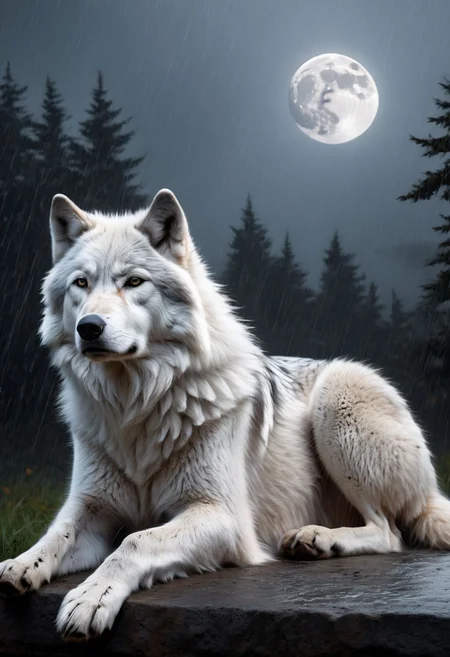 white-gray wolf, sad, determined. lonely wolf, abandoned by his friends, looking at his friends from far away, (((howling))), extremely sad composition, masterpiece,  white fur, Royal, in a heavy rain, full moon, it's head is down, Photorealistic, volumetric shading, Hyperdetailed, perfect composition, beautiful detailed, 8k artistic photography, volumetric cinematic perfect light, award - winning photograph,