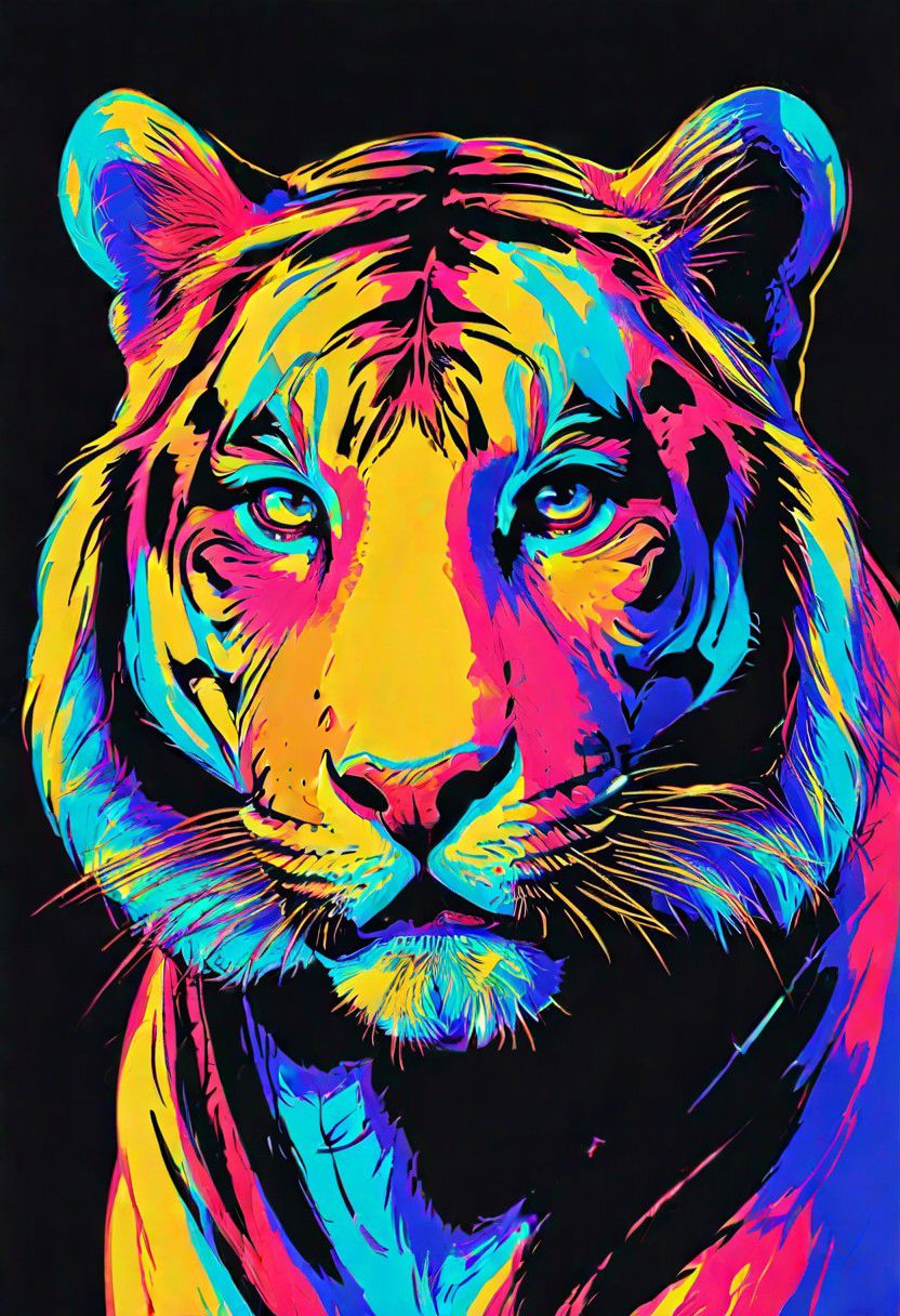impactful color paint of, a Tiger, highly detailed, vibrant colors , 8k, sharp, professional, clear, high contrast, high saturated, , vivid deep blacks, crystal clear