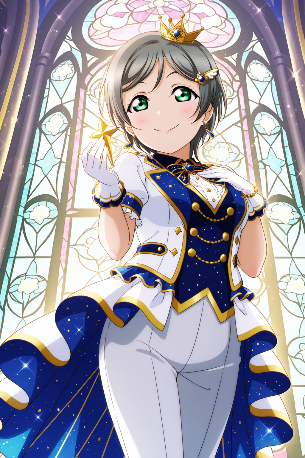 <lora:Love_Live:1>, Love Live, 1girl, green eyes, gloves, solo, stained glass, short hair, earrings, jewelry, smile, white gloves, grey hair, hair ornament, crown, pants, holding