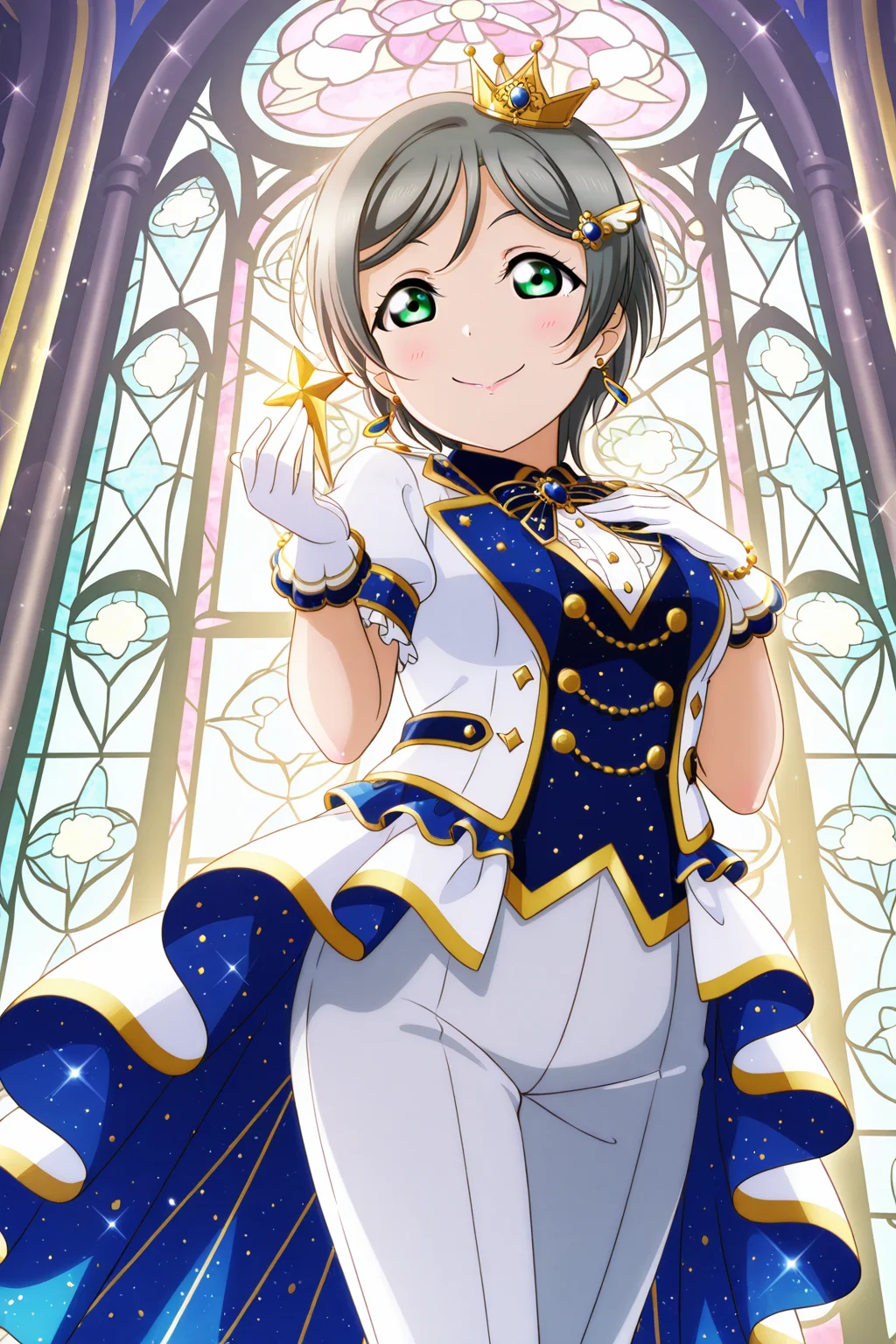 <lora:Love_Live:1>, Love Live, 1girl, green eyes, gloves, solo, stained glass, short hair, earrings, jewelry, smile, white gloves, grey hair, hair ornament, crown, pants, holding