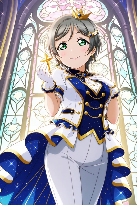 <lora:Love_Live:1>, Love Live, 1girl, green eyes, gloves, solo, stained glass, short hair, earrings, jewelry, smile, white gloves, grey hair, hair ornament, crown, pants, holding