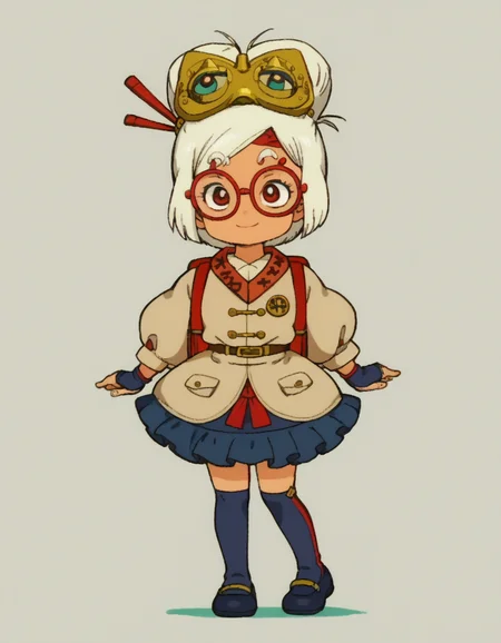 zPDXL, score_9, score_8_up, score_7_up, source_anime, 1girl, solo,
 <lora:LilPurah_v1.2:0.6> purah, sheikah, white hair, dark-skinned female, child, thick eyebrows, red eyes, red-framed eyewear, hair bun, goggles on head, beige jacket, blue skirt, frilled skirt, blue socks, kneehighs, blue footwear, mary janes, red headband, goggles on head, hair stick, hair beads, randoseru, red bag, bag straps, blue and white striped strap, fingerless gloves, blue gloves, petticoat, light smile, <lora:EarlyAkira_v3:1> drgbls1