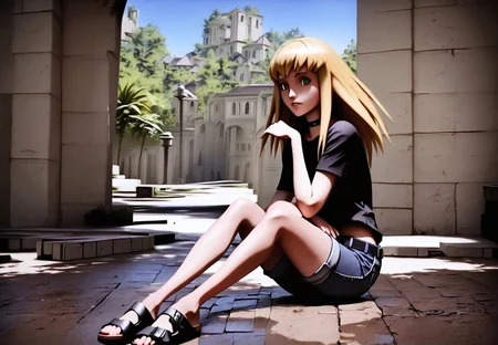 safe_pos, 1girl, solo female, Roll Caskett (mega man), <lora:roll_caskett:1>, blonde hair, green eyes, long pointy hair with pointed bangs, long side locks and center part hair, black choker, medium breasts, athletic petite female body, black and white baseball t-shirt with midriff, blue denim short-shorts with belt, barefoot in sandals, birkenstock, sandals, birksonfeet, sitting up with knees and legs together, feet together, arms folded on top of knees;
indoors, floor,
megaman legends anime style, 3D,
NegfeetV2, Perfect Hands, charturnerv2, Perfect feet,