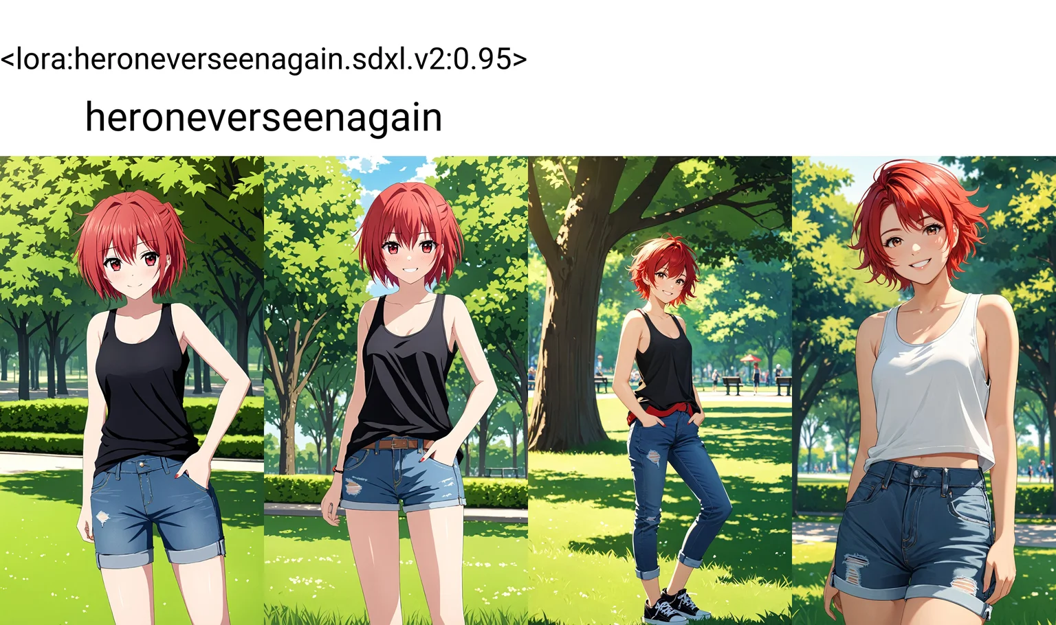 masterpiece, best quality,
<lora:heroneverseenagain.sdxl.v2:0.95> heroneverseenagain
1girl,
red hair, short hair, messy hair, tomboy,
smile,
tank top,
jeans, shorts,
outdoor, park,grass, tree,