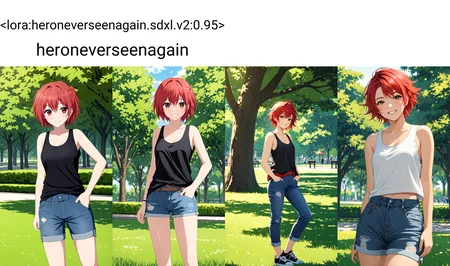 masterpiece, best quality,
<lora:heroneverseenagain.sdxl.v2:0.95> heroneverseenagain
1girl,
red hair, short hair, messy hair, tomboy,
smile,
tank top,
jeans, shorts,
outdoor, park,grass, tree,