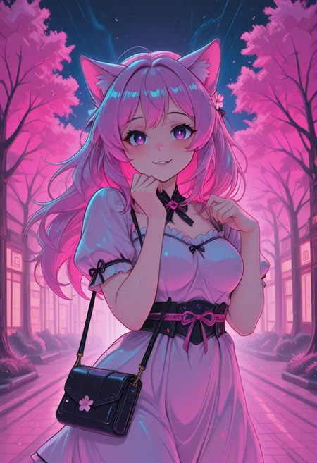 (masterpiece, best quality:1.3), pink hair, purple eyes, cat_ears, yandere, gentle smile, medium breasts, loving_gaze, looking_at_viewer, BehindCatgirl, CatGirlStyle, dress, outside bar, CivChan, sakura, cherry blossoms, pinkneoncybercore, purse, cute, night, highly detailed background, sfw