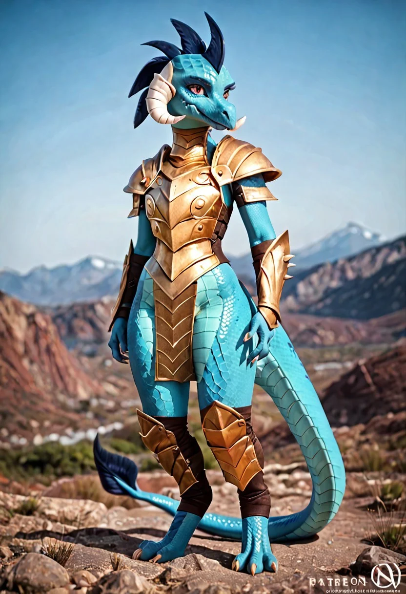 score_9, score_8_up, score_7_up, score_6_up, score_5_up, score_4_up, BREAK, 1girl, EmberMLP, furry female, scalie, dragon, body scales, detailed scales, photorealistic scales, cyan scales, dark blue head spikes, slender female, hourglass figure, slender waist, wide hips, thick thighs, digitigrade, armor, gold armor, neck armor, shoulder armor, bare thighs, thigh armor, thigh plate, foot armor, tail armor, mountaintop background, cinematic