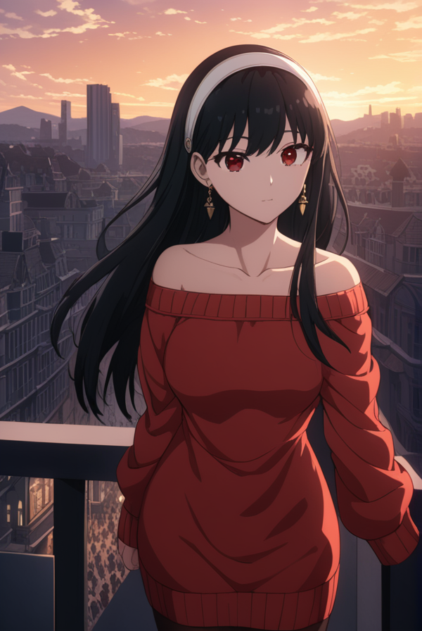 masterpiece, best quality, highres, 4k, 8k, intricate detail, cinematic lighting, amazing quality, amazing shading, soft lighting, Detailed Illustration, anime style,
yorbriar, <lora:yor-briar-s1s2-sdxl-lora-nochekaiser:0.75>,
yor briar, black hair, red eyes, earrings, white hairband, hairband, long hair, sidelocks,
bare shoulders, collarbone, dress, long sleeves, off shoulder, off-shoulder dress, off-shoulder sweater, pantyhose, red sweater, sweater, sweater dress, thighs,
outdoors, cityscape, crowd, people, sky, blue sky, clouds,
looking at viewer, full body, dynamic pose,
