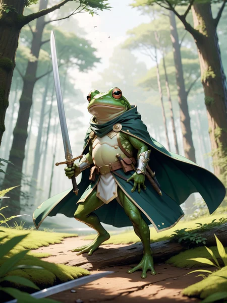 Anime style, ultra detailed, masterpiece, a forest field of battle, an anthropomorphic frog swordsman preparing to leap, wearing a cloak and scabbard <lora:add-detail-xl:1>
