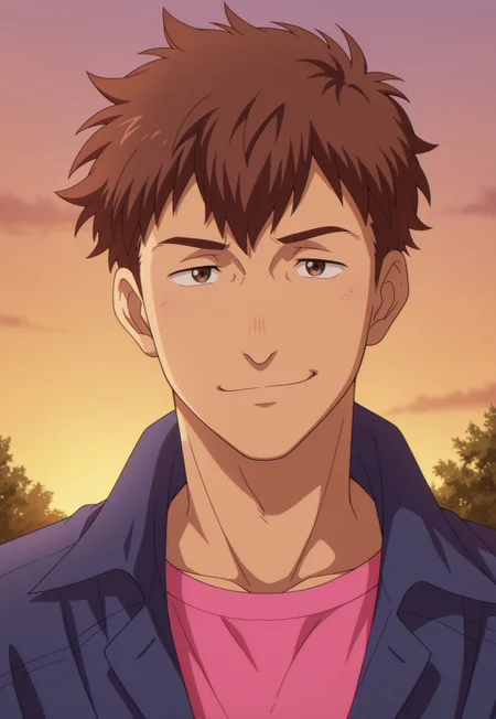 masterpiece,best quality,amazing quality, detailed details, shaded, detailed shading, detailed skin, shaded skin, realistic shading, countershading:1.1, outdoors, evening, low angle view, close-up, upper body, 1boy, solo, looking at viewer, smirk, manager_oka_sk8, brown hair, brown eyes, casual, blue shirt, pink t-shirt,