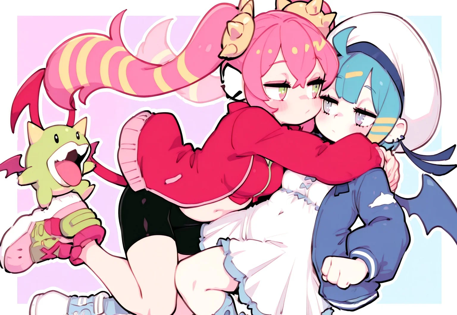2 girls,LiveTwinLil-laYu-Gi-Oh, short hair, blue hair, small breasts, white headwear, blue jacket, white dress, socks, blue footwear, wings, LiveTwinKi-sikilYu-Gi-Oh, long hair, pink hair, twintails, spike, red jacket, open jacket, crop top, bike shorts, pink footwear, tails, art by Parororo, keaihuafeng,hug each other
