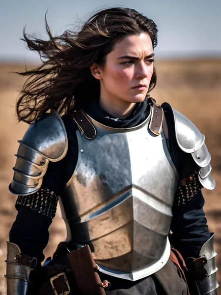 Cinematic fashion photograph Amina_Massoud_P_MXAI_SDXL , wearing full plate armor, in a battlefield, windblown hair, smudges, dirt, windblown hair,