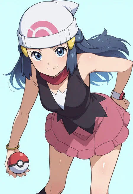 masterpiece, best quality, zzDawn, blue hair, blue eyes, sidelocks, long hair, bare shoulders, beanie, black shirt, black socks, bracelet, hat, jewelry, kneehighs, miniskirt, pink skirt, red scarf, scarf, shirt, skirt, sleeveless, sleeveless shirt, white headwear, <lora:DawnPokemonIXL_e07:1.0> <lora:ShoujoRamuneIXL:1.0>, (holding pokeball), dynamic pose, cowboy shot, leaning forward, smile, looking at viewer, shiny skin,