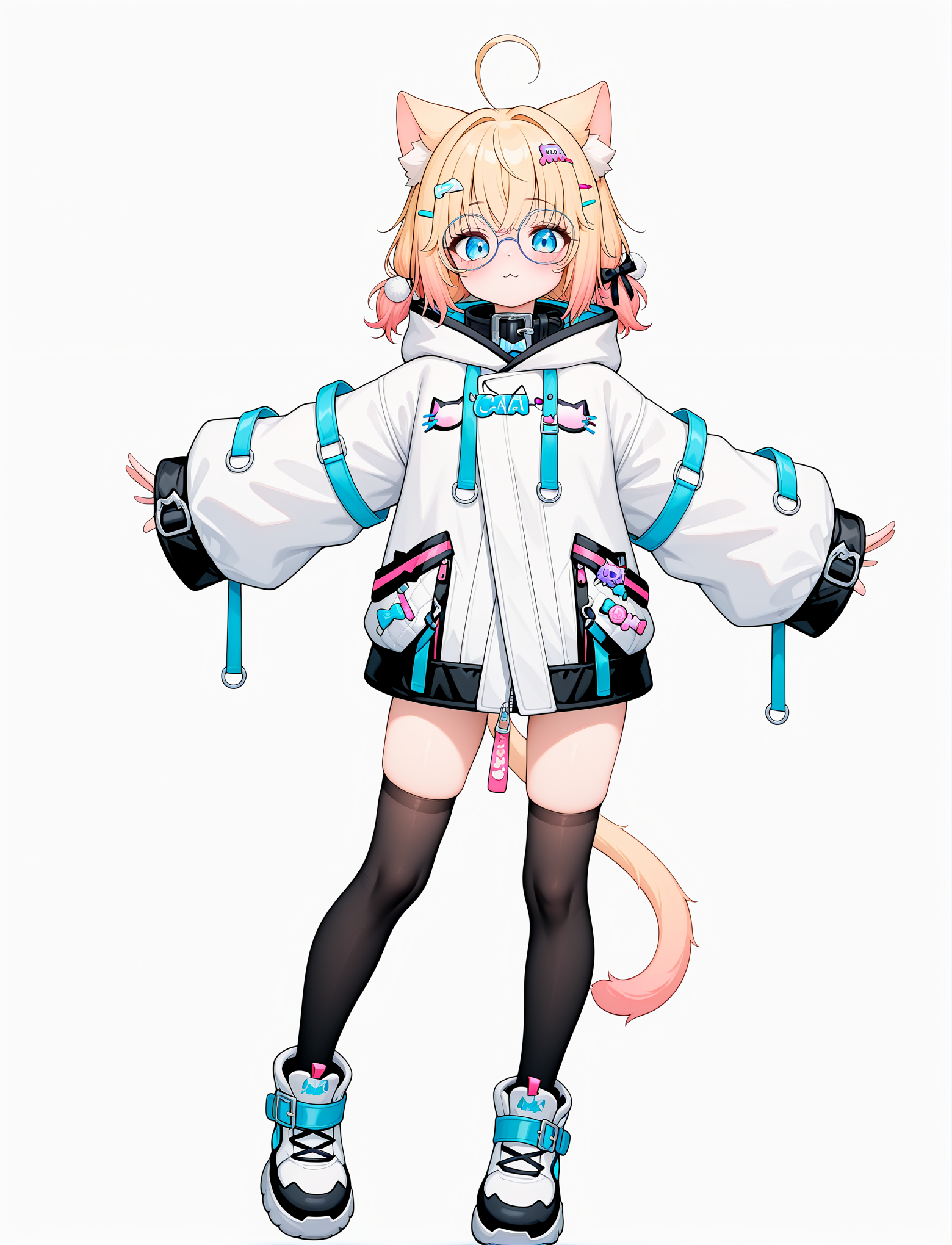 dynamic pose,  full body, dancing, 1girl,
petite,
 <lora:MiniKomewV2:1> minikomew, blonde hair, catgirl, cat ears, round glasses, medium hair, cat tail, hairclip, blue eyes, collar, white jacket, oversize jacket, zipper sleeves past wrists, hood down, asymmetrical  legwear, black thighhighs, white footwear,, masterpiece, best quality, amazing quality, very aesthetic, absurdres, newest