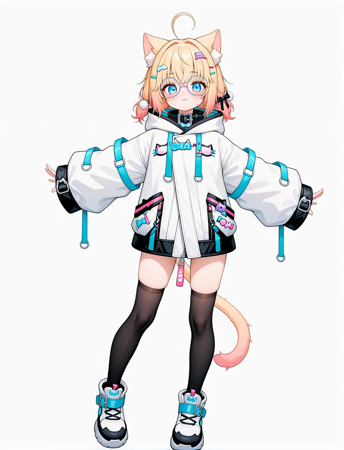 dynamic pose,  full body, dancing, 1girl,
petite,
 <lora:MiniKomewV2:1> minikomew, blonde hair, catgirl, cat ears, round glasses, medium hair, cat tail, hairclip, blue eyes, collar, white jacket, oversize jacket, zipper sleeves past wrists, hood down, asymmetrical  legwear, black thighhighs, white footwear,, masterpiece, best quality, amazing quality, very aesthetic, absurdres, newest