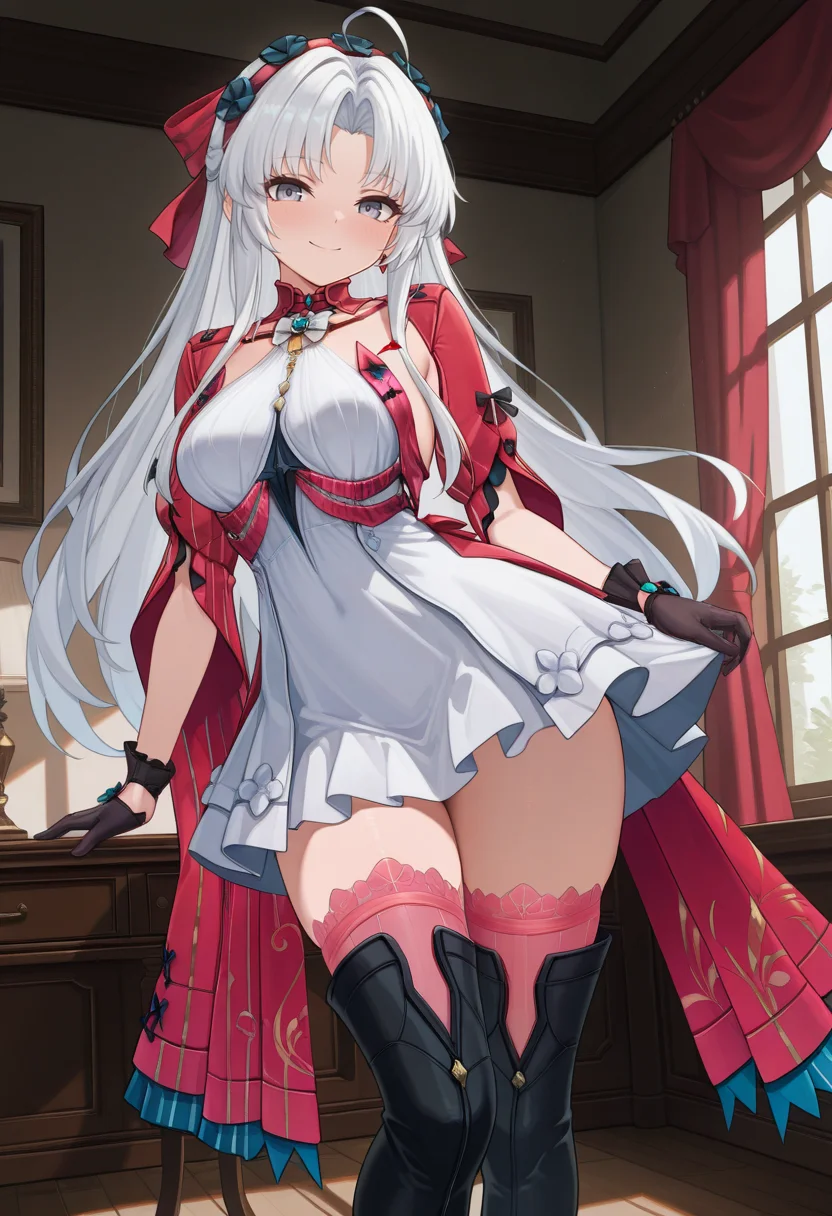 masterpiece,best quality,amazing quality,very aesthetic,absurdres,newest ,
bedroom, smile, looking at viewer, cowboy shot, standing,
<lora:carlotta-08:1> carlotta, 1girl, long hair, dress, white hair, gloves, black gloves, parted bangs, thighhighs, ahoge, white dress, boots, grey eyes, blue eyes, pink thighhighs, black footwear, (black thigh boots), jewelry, hairband, high heel boots, red dress, thighs