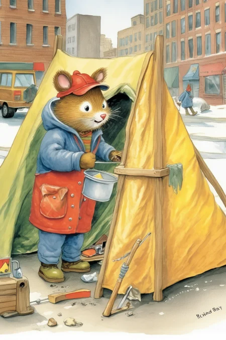 <lora:Richard Scarry Style:1>Richard Scarry Style - Richard scarry illustration from what do people do all day depicting homeless guy setting up a tent in downtown area