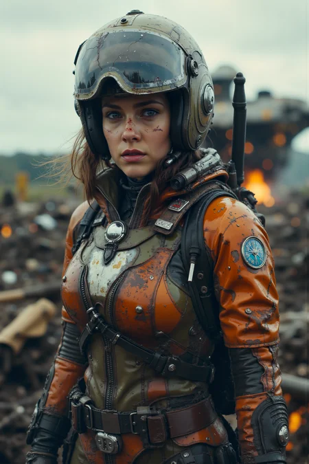 A hyper-realistic portrait, photorealistic photo close-up image of In a desolate battlefield strewn with the wreckage of towering mechs, a solitary pilot emerges from the wreck of her fallen machine, her face streaked with soot and grime. As she limps forward, the twisted metal around her begins to hum with a strange energy, rising into the air as if pulled by an invisible force. The pilotâs cracked visor reflects the glowing core of the battlefield, where the heart of an ancient AI lies dormant, slowly awakening. Her hand instinctively reaches for the knife at her belt, her eyes wide with the realization that this is no ordinary fightâitâs the resurgence of a forgotten war. The scene captures the gritty, mechanical beauty of a post-apocalyptic world, with an eerie sense of impending doom, drawing from the detailed mech designs of Ghost in the Shell and the dark, cyberpunk tone of William Gibsonâs work. (photography, high-resolution, dynamic, energetic,hyper-realistic, dramatic lighting, shallow depth of field.)<lora:aidmaMJ6.1-FLUX-V0.1:0.6><lora:Movie_Portrait><lora:Flux DetailerV2>