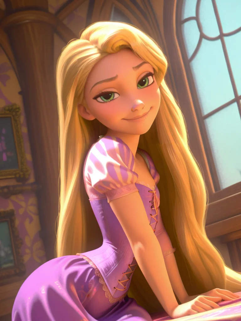 (screencap:1.2), realism,
1girl, flat chest, narrow waist, wide hips, (RapunzelXL:1.1), purple dress, very long hair, green eyes, blonde hair, puffy sleeves, short sleeves, corset,
naughty face dutch angle, front, sitting, from side, smile, looking at viewer, indoors, window behind her, dynamic pose, cowboy shot,
 <lora:RapunzelXL_character-12:1>
