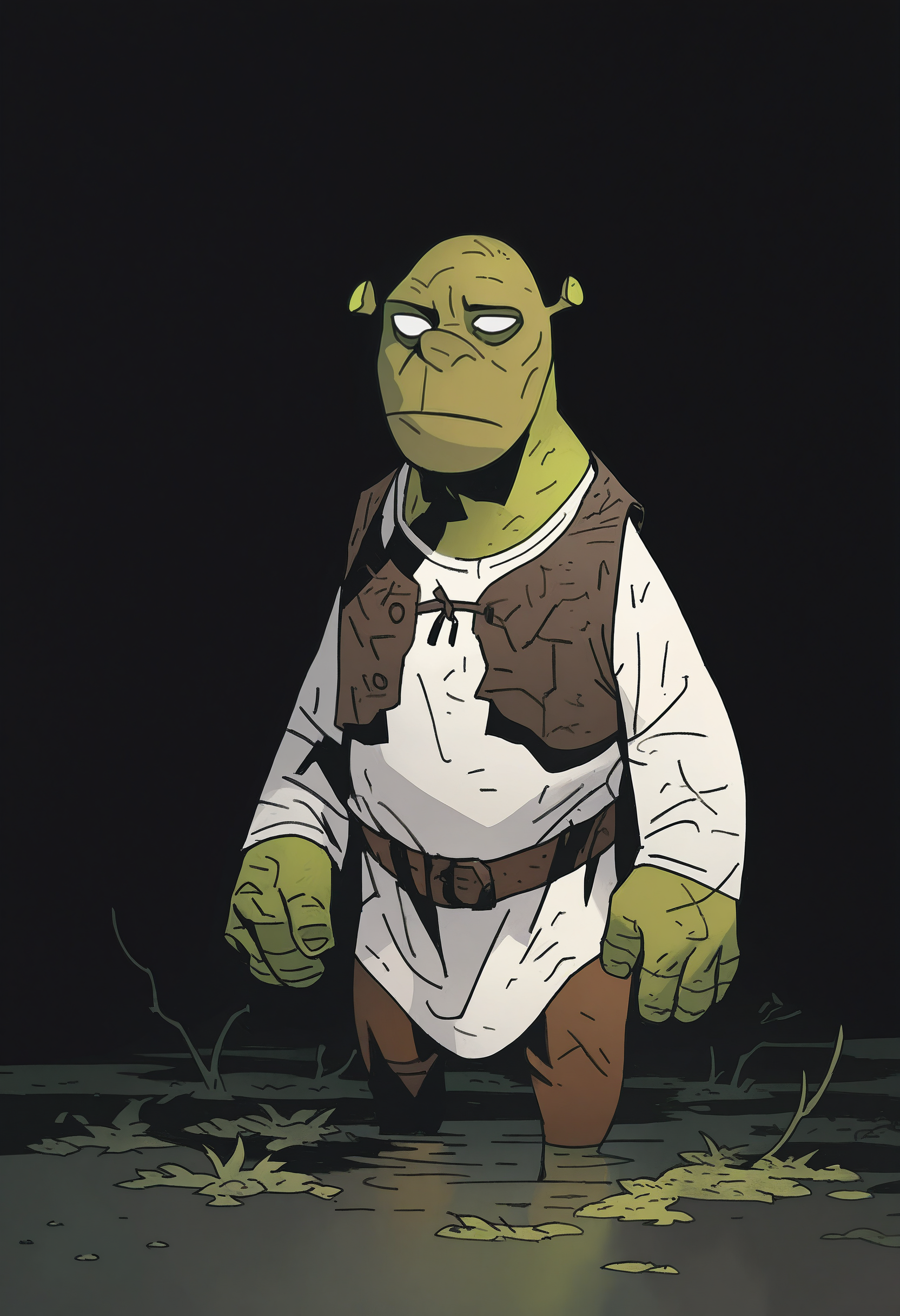 1boy, solo, wetland, dark background, no pupils, 
masterpiece, best quality, <lora:Mike_Mignola-guy90-Illust-Lycorisv1:1> alomik
 <lora:Shrek_illusXL_Incrs_v1:0.7> shrek, bald, green skin, brown vest, white shirt, brown belt, pants
