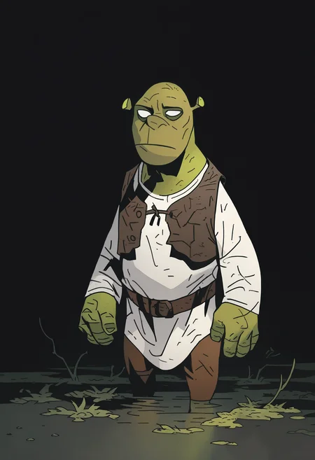 1boy, solo, wetland, dark background, no pupils, 
masterpiece, best quality, <lora:Mike_Mignola-guy90-Illust-Lycorisv1:1> alomik
 <lora:Shrek_illusXL_Incrs_v1:0.7> shrek, bald, green skin, brown vest, white shirt, brown belt, pants