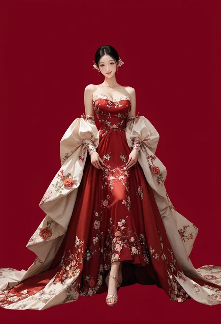 1girl,red background,,ruanyi1007,bare shoulders,detached sleeves,red dress,floral print,strapless dress,
full body,<lora:1007 Chinese wedding dress_v1_pony:1>, score_9, score_8_up, score_7_up, score_6_up, score_9, score_8_up, score_7_up, score_6_up source_anime, blush, 1girl, seduce smile, perfect body , natural huge breasts