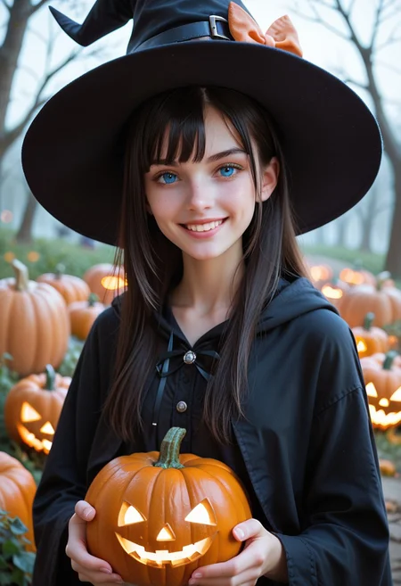 score_9, score_8_up, score_7_up, score_6_up, (masterpiece, best quality:1.2), <lora:medsonlima:.85>, medsonlima, 1girl, hat, solo, witch hat, blue eyes, halloween, holding, jack-o'-lantern, smile, looking at viewer, black hair, upper body, bow, bangs, hood, long hair, pumpkin, closed mouth, hood down, long sleeves
