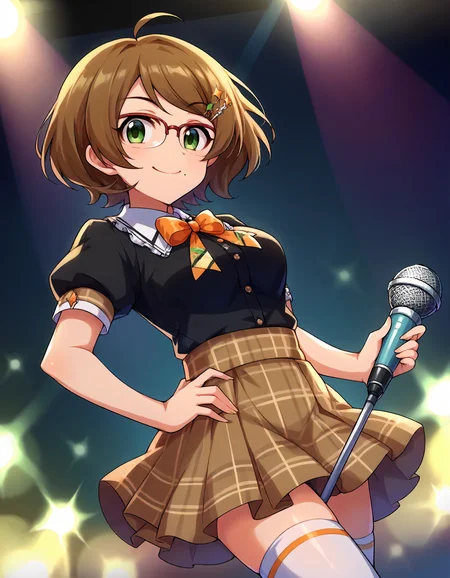 score_9,score_8_up,score_7_up,1girl,solo,cowboy shot,looking at viewer,smile,closed mouth,holding microphone,hand on hip,stage lights,
<lora:tsuchiyaako_ponyXLV6:0.8>,cgtak,
brown hair,short hair,ahoge,green eyes,over-rim eyewear,mole under mouth,
black shirt,puffy short sleeves,skirt,thighhighs