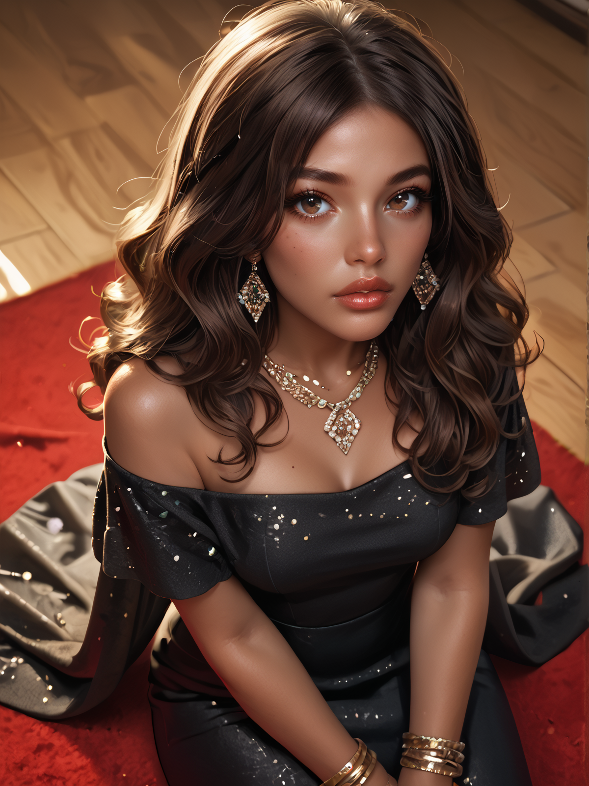 score_9,score_8_up,score_7_up  woman, dark skin, brown hair, long wavy hair, brown eyes, jewelry, makeup, plump lips, medium breasts, clothes in black fashion opened dress, sitting on the red carpet, paparazzi, from above  <lora:chloe:0.8> chloe