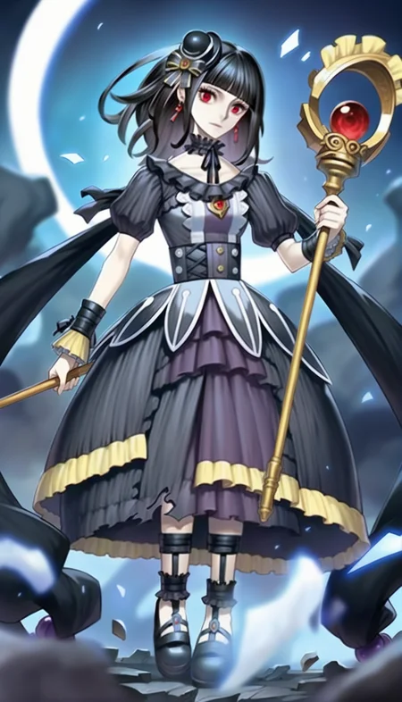 score_9,score_8_up,score_7_up,
<lora:underworldgoddess>,underworldgoddess,moon of the closed heaven,
1girl,solo,pale skin,black hair,blunt bangs,bouncing hair,
red eyes,looking at viewer,facing viewer,hair ornament,earrings,black neckerchief,black ribbon,intricate frills and lace,jewelry,gothic attire,victorian-inspired dress,black long strap,puffy sleeves,detached sleeves,black footwear,full body,holding a staff,outdoors,blurred background,total solar eclipse,dragon-like shadowy figure behind her,shattered particle effects,glowing light effects,surreal atmosphere,magical aura,