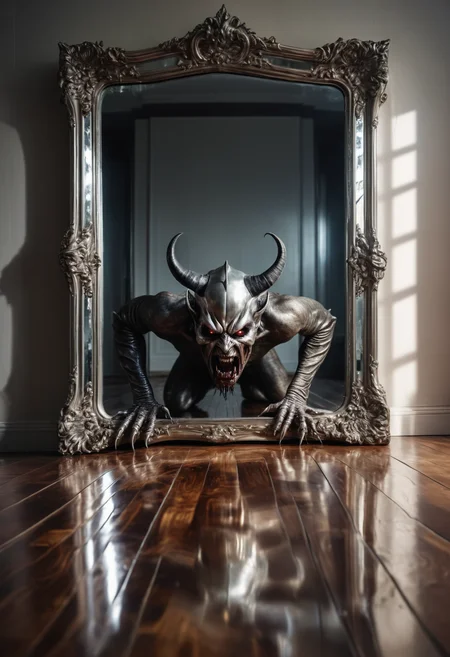 An evil demon crawling out of a mirror with a horrifying reflection on a polished wood floor, mirror has a ((silver frame)), 8k resolution, best quality, hyperdetailed photograph, lowlight