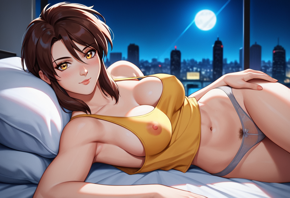 score_9, score_8_up, score_7_up, score_6_up, rating_explicit, contrast of cool dark background with warm bright foreground, full color, night, city light, volumetric moonlight, depth of field
neo-tokyo Aesthetic, modern bedroom Aesthetic, Blurry Background, cyber city view, stary night, full moon, light rays, beautiful natural lighting, glow, light,
<lora:Priss Asagiri _ Bubblegum Crisis Tokyo 2040_epoch_10:1>, Priss, retro artstyle, oversize yellow tank top, open shirt, grey underwear,
{petite body, athletic body, medium breasts, perfect round firm tits, medium round perfect tits, (medium Breasts:0.8), long legs, perfect anatomy, perfect face, perfect nose, detailed eyes, beautiful eyes, perfect eyes, perfect breasts, anatomically correct hands:1.3},
cute, side view, from side,
lying in bed, posing, nipple slip, exposed breast, 1breast out of shirt, see through panties, (pubic hair:1.3), white pillows, white sheets, Tokyo cityscape, city lights, nsfw
