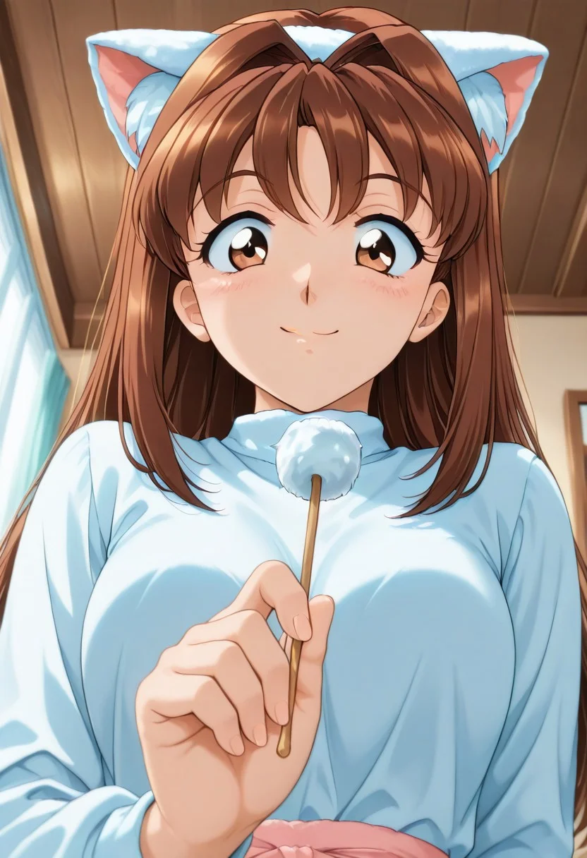 <lora:nnm-hzmkra:0.8>nnm-hzmkra,
pov,
indoors,
<lora:TK_nekomimi_ne-chanXLIllustrious001>,
masterpiece,best quality,good quality,newest,
smile,
looking down,
solo,
anime coloring,retro artstyle,
nekomimi_ne-chan\(toshiryoku_kenkyujo\),1girl,brown hair,cat ear headband,long hair,brown eyes,
white long sleeves,
holding mimikaki,
