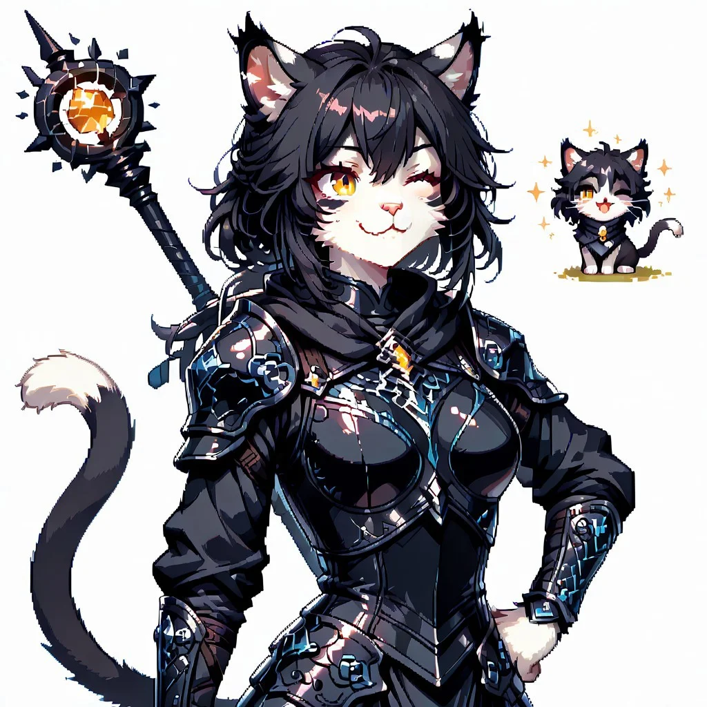 <lora:d3p1x3lXLP:1> d3p1x3l, pixel art, score_9, score_8_up, score_7_up, source_pixel, screencap, (solo), sfw BREAK 1girl, Ember (ESO), anthro, feline, black and white fur, (Beautiful yellow eyes:1.3), (happy expresion cute face:1.3), :3, slim, breasts, upper body, (black armor:1.2), one eye closed, hand on hip, cat tail, (wizard's staff on the back:1.2), BREAK simple background