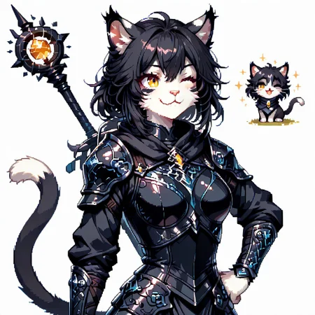 <lora:d3p1x3lXLP:1> d3p1x3l, pixel art, score_9, score_8_up, score_7_up, source_pixel, screencap, (solo), sfw BREAK 1girl, Ember (ESO), anthro, feline, black and white fur, (Beautiful yellow eyes:1.3), (happy expresion cute face:1.3), :3, slim, breasts, upper body, (black armor:1.2), one eye closed, hand on hip, cat tail, (wizard's staff on the back:1.2), BREAK simple background