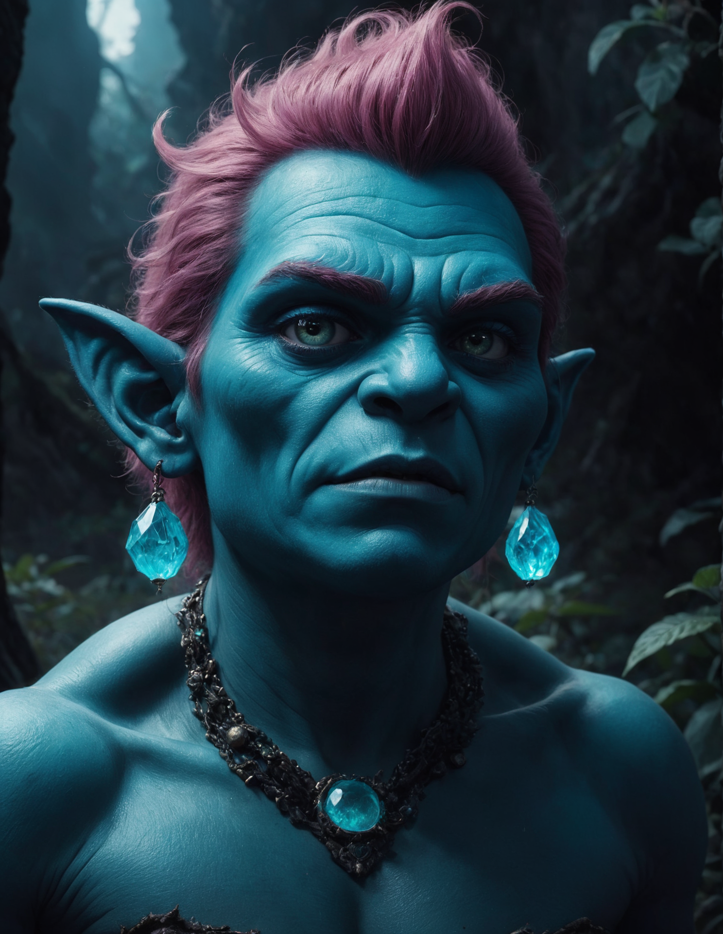 concept art f/1.4, square image, close up film photo, portrait of a Troll, neon wild, cyan eyes, knick knack jewelry, elegant pose, atmospheric lighting, cinematic composition, detailed, spring, mood, Horror . digital artwork, illustrative, painterly, matte painting, highly detailed