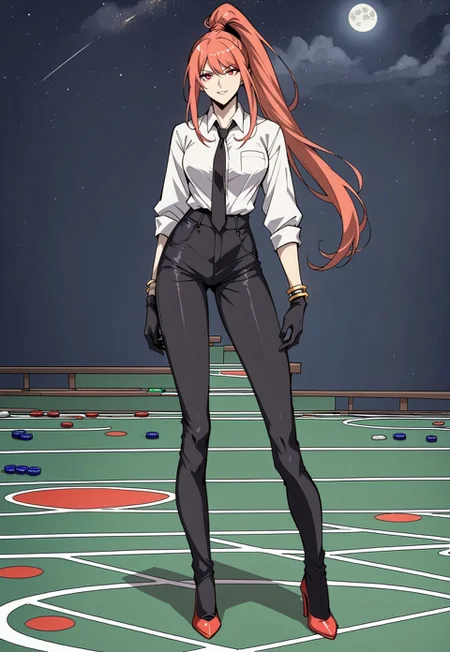 safe_pos, score_9, score_8_up, score_7_up, 1girl, night, indoor, in a casinò, full body, dynamic shot, from high, long legs standing behing a poker table, green table, solo, dynamic pose, Feng Ling, orange hair, red eyes, medium breast, long hair, ponytail, black pants, white shirt, long sleves shirt, black gilet, black neck tie, red heels, gold slim bracelets, black gloves, looking at the viewer, long legs, nice legs, white hips ultra detailed, masterpiece, <lora:add-detail-xl:1>, <lora:StS_PonyXL_Detail_Slider_v1.4_iteration_3:4>