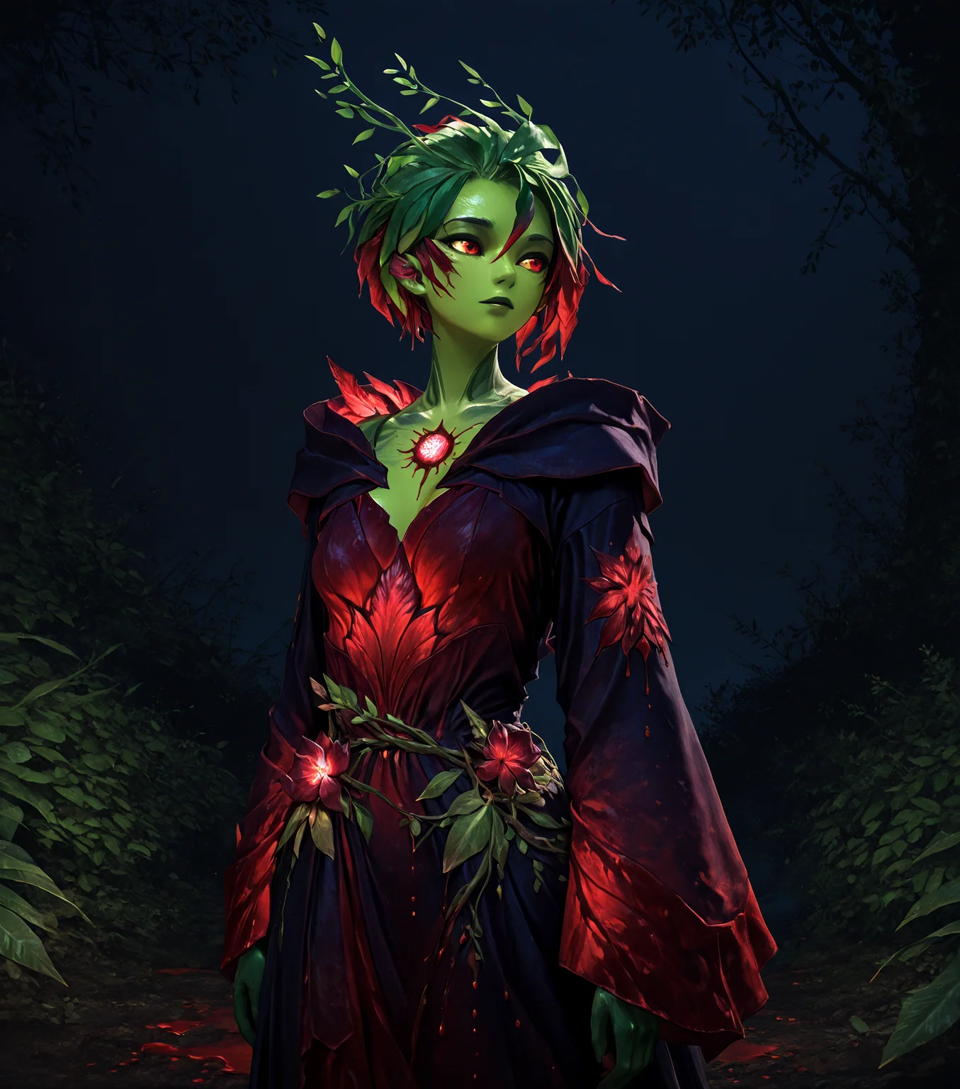 masterpiece, best quality, amazing quality, <lora:GW2_Silvari_Race_Style-IL:1> sylvari, plant race, solo, green skin, hair made of leaf, plant hair, <lora:AddMicroDetails_Illustrious:0.45> addmicrodetails, Blood Mage, Dark, richly colored robes, life force, <lora:Lazool_buns_IL_v2:0.9> laz00l, 1girl, masterpiece, best quality, amazing quality