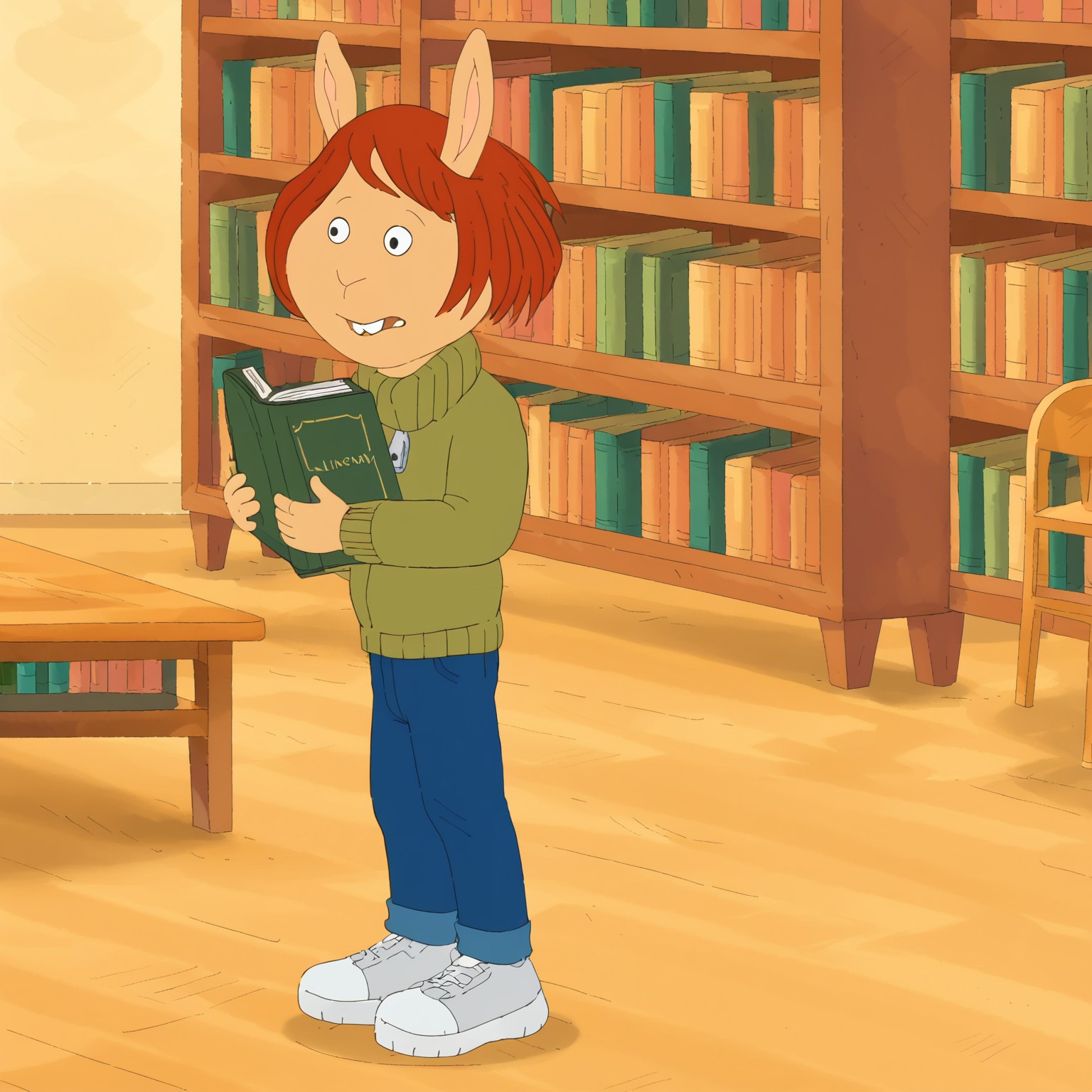 Ladonna Compson, 1girl, solo, furry, bucktooth, tan complexion, short auburn hair,
olive green sweater, blue jeans, sneakers,
library, books 
