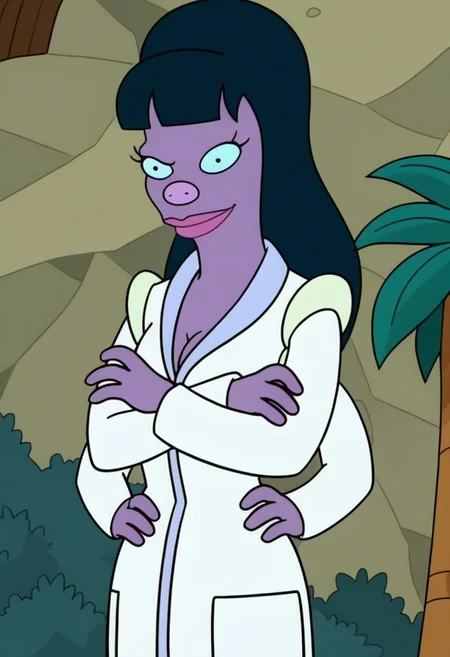 Score_9_up, score_8_up, score_7_up, BREAK, heatherfu, 1girl, solo, purple skin, colored skin, long hair, black hair, 4 arms, pig nose, labcoat, arms crossed, smile, spa