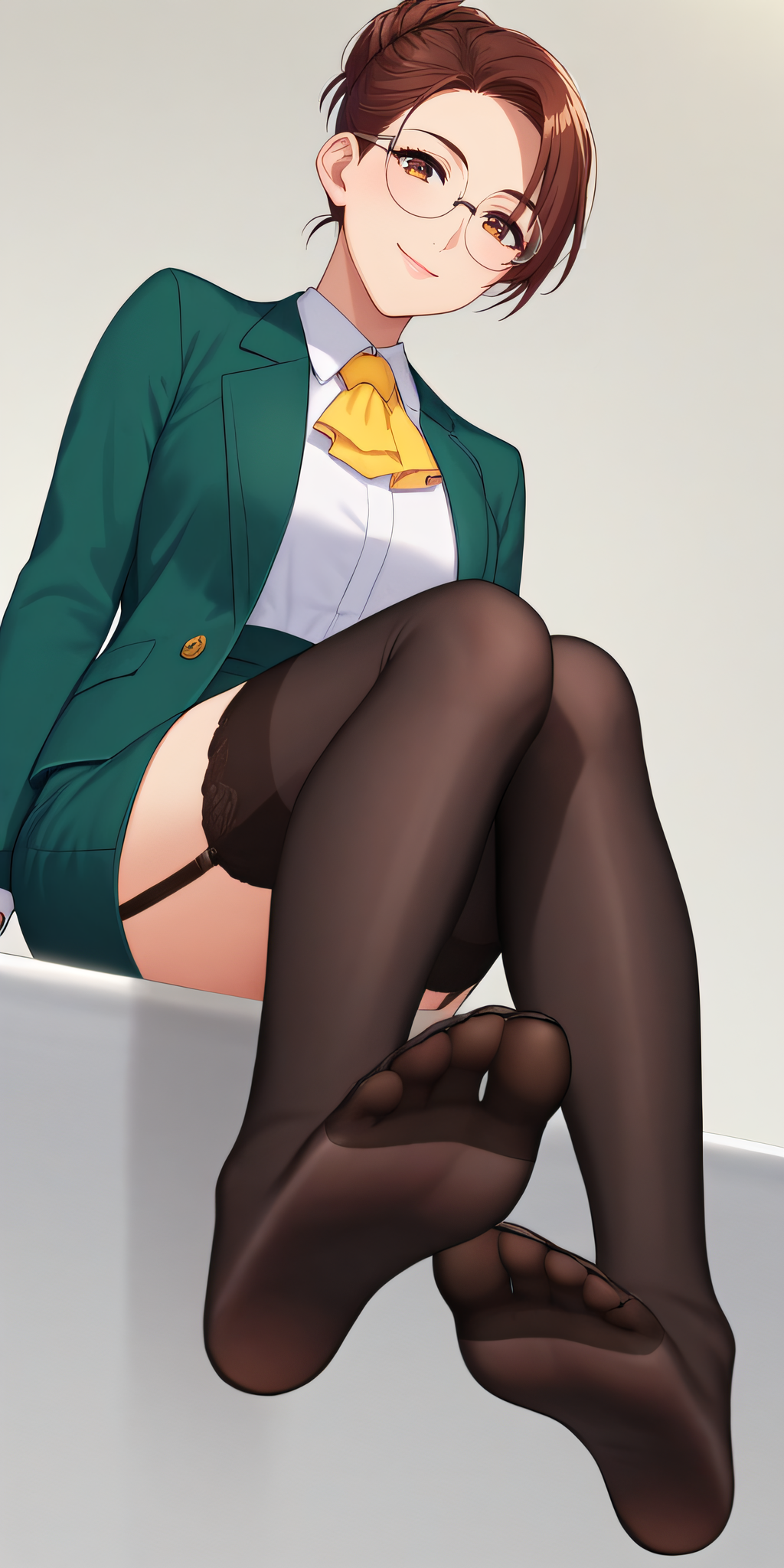 score_9, score_8_up, score_7_up, source_anime, rating_safe, intricate details, anime screencap, official style, solo, 1girl, <lora:Serizawa_Yoshiko:1>, yoshiko, brown hair, brown eyes, single hair bun, black-framed_eyewear, round glasses, collared shirt, large breasts, white shirt, yellow ascot, green blazer, green skirt, pencil skirt, black thighhighs, garter belt, open clothes, looking at viewer, smile, full body, sitting, feet, from below, soles