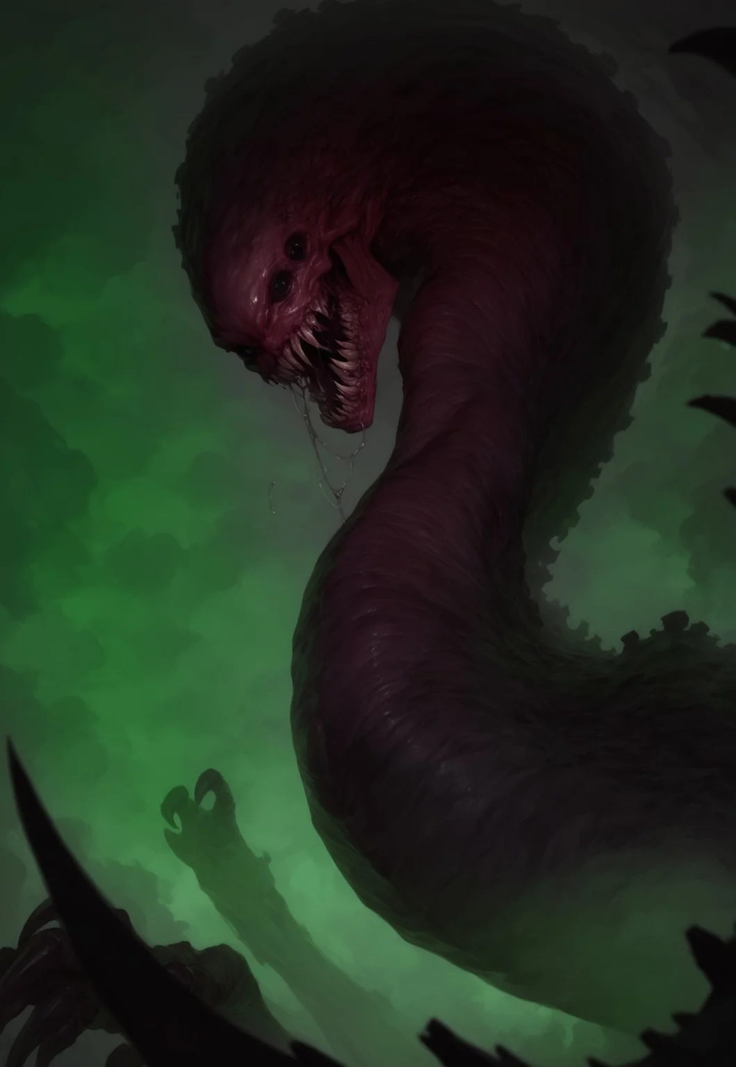 safe_pos, score_9, score_8_up, score_7_up, (monster girl), close up, terrifying presence, very long neck:3, twisting neck, eerie beauty, fanged smile, dynamic pose, claw raised, dripping poison, from below, view between legs, ((horror theme)) looking at viewer, shifting neck, deep fog, heavy fog, partially visible, crouched position, monstrous face, drool, emerging from fog, frilled head, dripping ooze, realistic, large black eyes, curved body, oiled body, dark shadows,