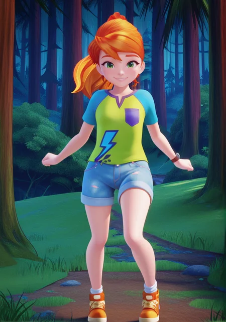 handsfree, masterpiece, best quality, amazing quality, very aesthetic, 1girl, looking at viewer, smile, dynamic pose, outdoors, forest, dynamic angle, 3d,
mia_illus, green eyes, orange hair, ponytail, long hair, shirt, raglan sleeves, green shirt, shorts, denim, shoes, socks, watch,
<lora:Mia_-_Lego_Friends__Girls_on_a_Mission_ILLUSTRIOUS:1>