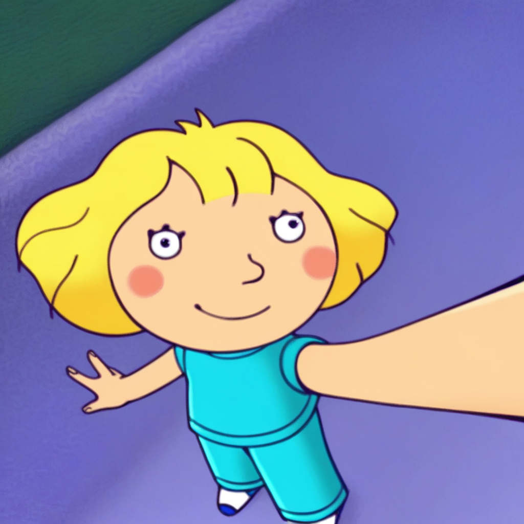 score_9, solo, lucy_zl, blonde hair, short hair, black eyes, blush stickers, blue shirt, blue pants, selfie, from above, smile