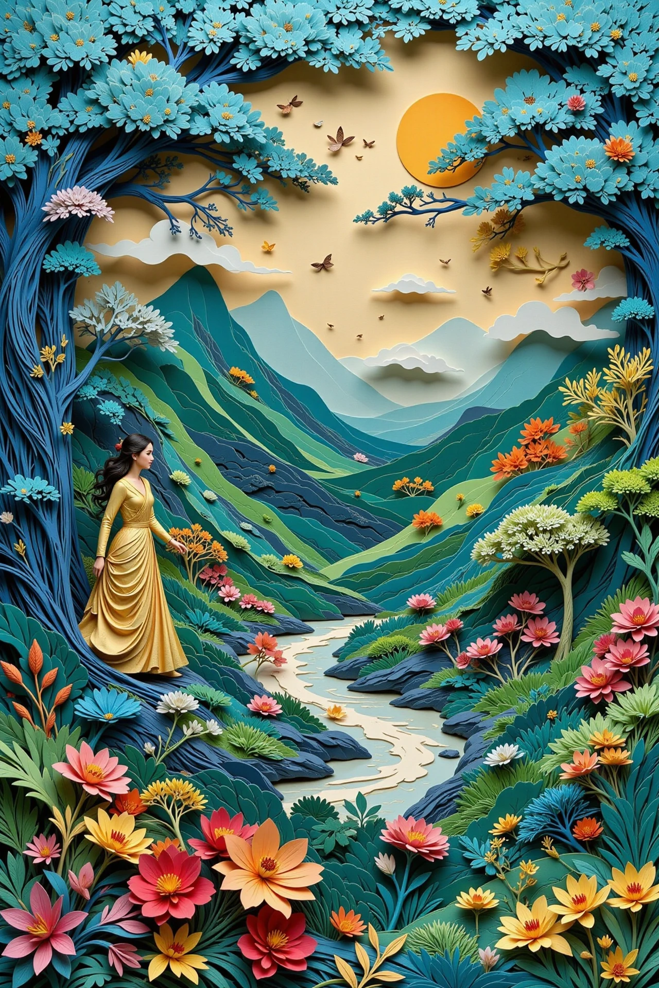 fantasy world beautiful  landscape, noon, woman, very intricate, very detailed, sharp, bright, colorful, <lora:Hand v2:0.5> <lora:Anti-Blur:1><lora:Insane Detail Slider:0.25>  <lora:flux.1_lora_flyway_Epic-detail_v2:0.3> <lora:fluxenhancer:0.25> <lora:PaperCutting-V1:0.4> three-dimensional paper cutting