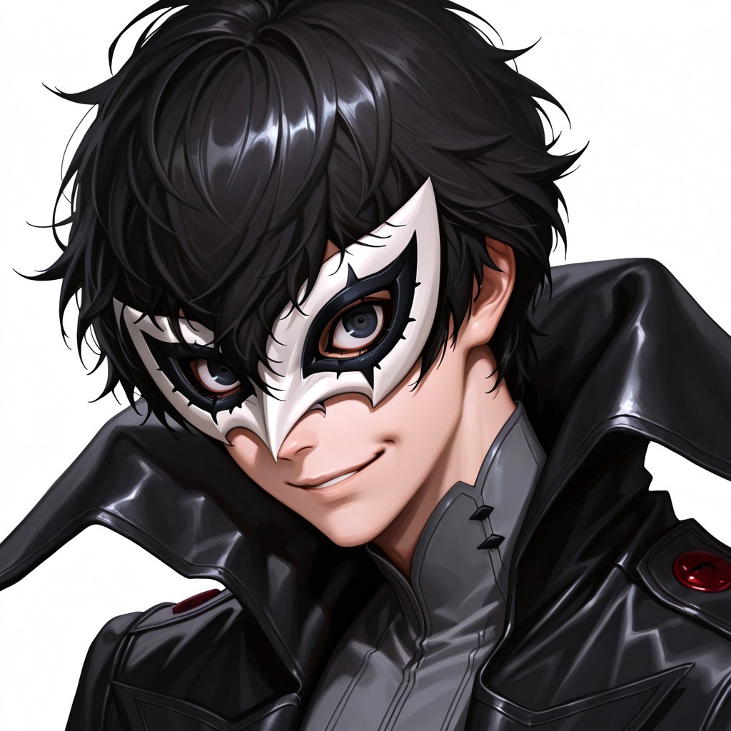FutureFightStyle, ((semi realistic)), score_9, score_8_up, score_7_up, 8k, absurd res, masterpiece, best quality, masterpiece, best quality, eyes, black hair, hair between eyes, short hair, joker outfit, mask, white mask, shirt, grey shirt, coat, black coat, high collar, smile, upper body, headshot, white background, male, 1boy, solo, cartoon, anime,