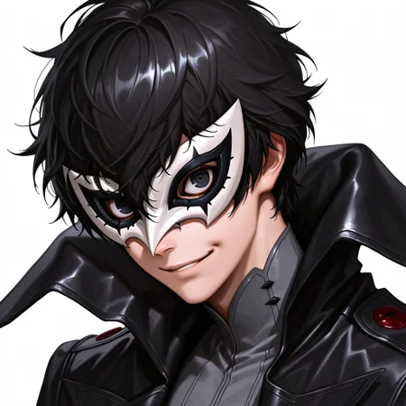 FutureFightStyle, ((semi realistic)), score_9, score_8_up, score_7_up, 8k, absurd res, masterpiece, best quality, masterpiece, best quality, eyes, black hair, hair between eyes, short hair, joker outfit, mask, white mask, shirt, grey shirt, coat, black coat, high collar, smile, upper body, headshot, white background, male, 1boy, solo, cartoon, anime,