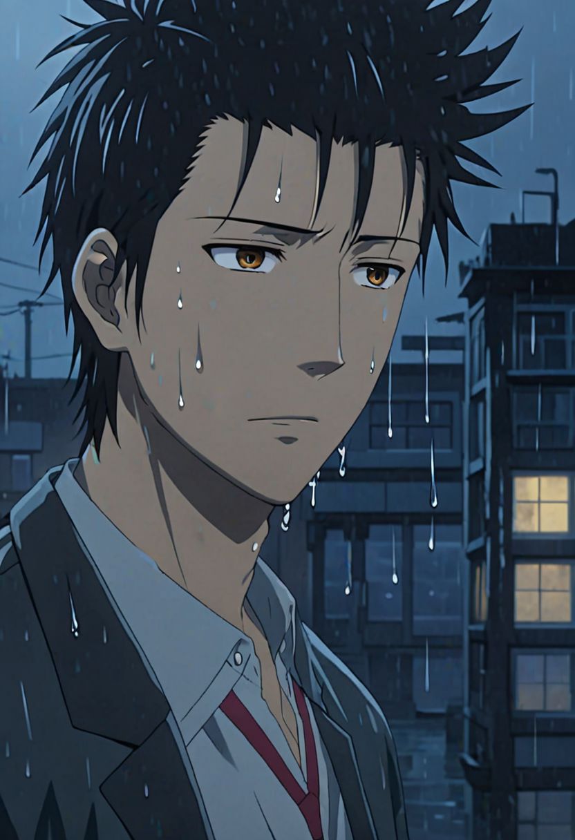 Highres, Masterpiece, High Quality, 4K, 8K, solo, 1Boy, Soujirou Agata, brown eyes, black hair, wet, slippery, heavy rain, dark, looking down, sad, heartless, wet hair, city night, easynegative, detailed_eye_model
