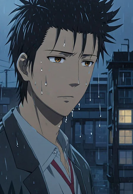 Highres, Masterpiece, High Quality, 4K, 8K, solo, 1Boy, Soujirou Agata, brown eyes, black hair, wet, slippery, heavy rain, dark, looking down, sad, heartless, wet hair, city night, easynegative, detailed_eye_model